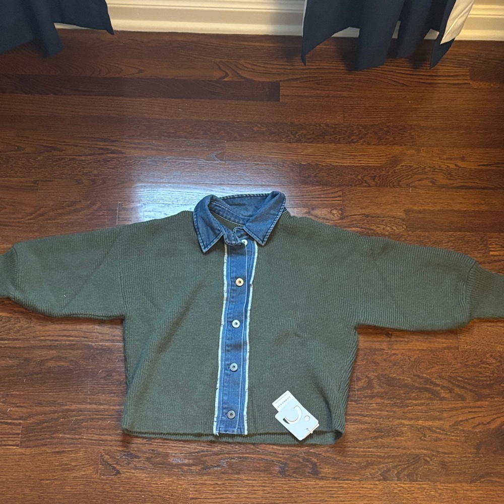 Commense Olive Green Sweater with Denim Details